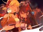  2girls ball bandages bangs bare_shoulders belt black_coat black_sky blonde_hair blurry blurry_background blush box bracelet branch breasts bright_pupils brown_belt brown_flower brown_hair butterfly_wings chinese_clothes choker coat collarbone do-thaohuyen earrings fireworks floral_print flower flower-shaped_pupils flower_tattoo food genshin_impact gold gradient_hair gradient_sky hair_between_eyes hair_flower hair_ornament hand_up hands_up highres holding holding_box holding_food hu_tao_(genshin_impact) japanese_clothes jewelry kimono long_hair long_sleeves looking_at_another looking_down looking_to_the_side mandarin_collar medium_breasts multicolored_hair multiple_girls night night_sky open_mouth orange_flower orange_kimono outdoors puffy_short_sleeves puffy_sleeves purple_flower red_belt red_choker red_eyes red_flower red_hair red_shirt sarashi shirt short_hair short_sleeves sidelocks sky smile standing steam sweets symbol-shaped_pupils tassel tassel_earrings tassel_hair_ornament tattoo tongue twintails v-shaped_eyebrows white_pupils wide_sleeves wing_collar wings yellow_eyes yoimiya_(genshin_impact) 