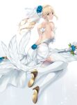  1girl backless_dress backless_outfit blonde_hair blue_eyes breasts bridal_veil cait_aron commentary crystal_rose_lux dress english_commentary high_heels highres large_breasts league_of_legends long_hair lux_(league_of_legends) ponytail sideboob sidelocks solo thighhighs veil white_dress white_thighhighs 