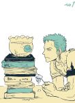  1boy absurdres animalization book book_stack eye_contact fishbowl fishnets from_side green_hair highres long_sideburns looking_at_another male_focus marimo no.6_(numberr_6) one_piece roronoa_zoro shirt short_hair sideburns sketch solo spot_color staring 
