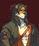  1boy arknights chinese_commentary furry furry_male headband highres huai_tianpei_(arknights) long_hair looking_at_viewer male_focus quqiyuntun red_background tiger_boy yellow_eyes yellow_headband 