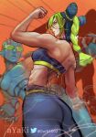  2girls ass ayaki_d braid braided_ponytail breasts double_bun from_behind green_hair green_lips hair_bun halterneck highres jojo_no_kimyou_na_bouken kujo_jolyne looking_back midriff multicolored_hair multiple_girls pants sideways_glance stand_(jojo) stone_free stone_ocean string sunglasses two-tone_hair 