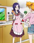  2girls apron bangs blonde_hair carrot denim denim_shorts fresh_precure! hand_on_hip highres kitchen long_hair multiple_girls official_art open_mouth precure precure_connection_puzzlun purple_eyes red_eyes shorts smile solo_focus third-party_source twintails 