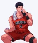  1boy artist_name basketball_jersey basketball_uniform black_eyes black_hair closed_mouth copyright highres looking_away male_focus mitsui_hisashi red_shirt red_shorts shirt shorts simple_background sitting slam_dunk_(series) sleeveless sleeveless_shirt solo sportswear spread_legs towel towel_around_neck white_background yotti 