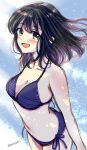  1girl :d bangs bare_shoulders bikini black_hair blue_bikini blush breasts cleavage commentary_request day floating_hair happy looking_at_viewer medium_breasts medium_hair multicolored_hair open_mouth original outdoors purple_hair side-tie_bikini_bottom signature sketch smile solo standing sugano_manami swimsuit two-tone_hair 