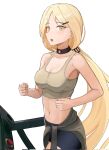  1girl armpits bike_shorts blonde_hair blue_shorts clothes_around_waist exercise gamryous girls&#039;_frontline highres jacket jacket_around_waist long_hair navel open_mouth pp-2000_(girls&#039;_frontline) running shorts solo sports_bra sweat treadmill very_long_hair white_background yellow_eyes yellow_sports_bra 