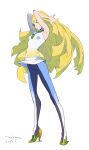  1girl armpits bare_arms blonde_hair breasts closed_mouth commentary_request dated full_body gem green_eyes green_gemstone hands_up high_heels highres long_hair looking_down lusamine_(pokemon) pants pokemon pokemon_(game) pokemon_sm shirt signature simple_background sleeveless sleeveless_shirt solo standing tombiiwa white_background white_shirt 