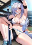  1girl arm_up armband armpits bare_arms bare_legs bare_shoulders baseball_cap black_headwear blue_eyes blue_footwear blue_sky blurry blurry_background blush breasts buruma commentary crop_top day genshin_impact grey_hair hair_over_one_eye hat highres knee_up large_breasts long_hair looking_at_viewer midriff navel outdoors parted_lips shenhe_(genshin_impact) shoes sky solo sports_bra squchan stomach thighs very_long_hair 