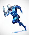  1boy artist_name blue_bodysuit bodysuit chain chain_necklace commentary_request jewelry k-suwabe male_focus muscular muscular_male necklace pepsi pepsiman pepsiman_(game) product_placement running solo superhero white_background white_bodysuit 