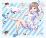  &gt;_o 1girl animal_ears ankle_socks apron aqua_eyes bagel blue_background blue_dress blue_footwear bow brown_hair cake cake_slice chinese_commentary cinnamoroll commentary_request crossover cupcake dessert diagonal_stripes doughnut dress fake_animal_ears food footwear_bow full_body hand_on_own_cheek hand_on_own_face heart highres holding holding_spoon leg_up licking_lips looking_at_viewer love_live! love_live!_superstar!! macaron mary_janes medium_hair mixed-language_commentary one_eye_closed outline partial_commentary sanrio shoes short_dress short_sleeves socks spoon striped striped_background tongue tongue_out tsukimi_seiya white_apron white_dress white_outline white_socks 