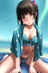  1girl absurdres aqua_bikini bangs bikini black_hair blunt_bangs blurry blurry_background blush breasts cleavage collarbone grey_eyes hair_ribbon highres horizon long_hair looking_at_viewer matsunaga_kouyou navel ocean original outdoors polka_dot polka_dot_bikini ribbon sidelocks sitting small_breasts solo swimsuit wariza 