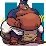  anthro belly big_belly black_nose blue_eyes brickoven diaper feces hand_on_stomach hi_res male mammal messy_diaper navel outie_navel overweight overweight_male pacifier scat soiling solo 