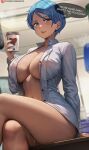  1girl blue_hair blue_nails blurry blurry_background breasts bulma collarbone collared_shirt covered_nipples crossed_legs cup disposable_cup dragon_ball dragon_ball_super earrings english_text hand_up heart heart_print highres holding holding_cup indoors jewelry large_breasts long_sleeves looking_at_viewer naked_shirt parted_lips patreon_username pussy_juice shexyo shirt short_hair sitting smile solo speech_bubble stud_earrings unbuttoned white_shirt 