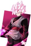  1boy baggy_pants black_pants black_shirt clenched_hand closed_mouth dougi dragon_ball dragon_ball_super earrings energy goku_black gradient_background grey_eyes hair_between_eyes highres jewelry komesan_0212 long_sleeves looking_at_viewer male_focus multicolored_background pants pectorals pink_hair potara_earrings red_background red_sash sash shirt smile smirk solo spiked_hair super_saiyan super_saiyan_rose v-shaped_eyebrows white_background 