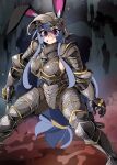  1girl absurdres animal_ears armor blood blood_on_face blue_hair bongfill breasts cave commentary ears_through_headwear english_commentary full_armor full_body gauntlets helmet highres knight large_breasts long_hair looking_at_viewer low-tied_long_hair original purple_eyes rabbit_ears rabbit_girl sideboob sidelocks solo standing tank_(bongfill) very_long_hair visor_lift 