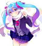  1girl ahoge bangs blazer blue_eyes blue_hair blue_skirt bow bowtie cardigan closed_mouth cowboy_shot earmuffs floating_hair grey_cardigan hair_between_eyes hair_ribbon hatsune_miku highres jacket kawahara_chisato long_hair long_sleeves looking_at_viewer miniskirt open_clothes open_jacket plaid plaid_skirt pleated_skirt purple_jacket red_bow red_bowtie red_ribbon ribbon scarf shiny_skin skirt solo thigh_gap twintails twitter_username very_long_hair vocaloid white_background white_scarf 