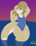  2021 absurd_res anthro blue_eyes breasts brown_body brown_fur brown_hair clothing digital_drawing_(artwork) digital_media_(artwork) eyewear female freckles freckles_on_chest freckles_on_shoulders fur glasses hair hat headgear headwear hi_res long_hair long_tail mammal mustelid one-piece_swimsuit otter penny_(sudsypup) river_otter small_breasts solo solo_focus sudsypup sun_hat swimwear tail thick_tail thick_thighs water whiskers wide_hips 