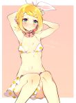  1girl arms_behind_head arms_up bangs bare_arms bare_legs bikini bikini_skirt blonde_hair blush border bow breasts cleavage closed_mouth collarbone green_eyes hair_bow kagamine_rin kawahara_chisato looking_at_viewer miniskirt navel outside_border pink_background polka_dot polka_dot_bikini polka_dot_skirt short_hair sitting skirt small_breasts solo swept_bangs swimsuit twitter_username vocaloid white_bikini white_border white_bow white_skirt 