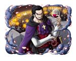  1boy black_hair cross cross_necklace cup dracule_mihawk drinking_glass facial_hair halloween holding holding_cup jack-o&#039;-lantern jewelry lantern necklace official_art one_piece one_piece_treasure_cruise paper_lantern red_wine short_hair wine_glass 