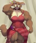  2021 absurd_res accessory akkusky anthro beastars biceps big_muscles breasts broad_shoulders brown_body brown_fur canid canine canis cheek_tuft claws clothed clothing collar dress facial_tuft feathers female fluffy_ears fur hair_accessory hand_on_head hi_res huge_filesize huge_muscles jewelry juno_(beastars) lips looking_at_viewer mammal multicolored_body multicolored_fur muscular muscular_anthro muscular_female necklace pecs pink_lips portrait pose purple_eyes red_clothing red_dress simple_background smile solo tail_through_skirt tan_body tan_fur thick_bottom_lip thick_thighs three-quarter_portrait top_heavy torn_clothing tuft two_tone_body two_tone_fur whiskers wolf 