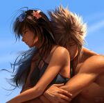  1boy 1girl absurdres bangs bare_shoulders bikini black_bikini black_hair blonde_hair blue_sky breasts closed_eyes closed_mouth cloud_strife couple day english_commentary eyewear_on_head final_fantasy final_fantasy_vii final_fantasy_vii_remake flower hair_flower hair_ornament hetero highres hug hug_from_behind long_hair outdoors pink_flower safaiaart sky smile spiked_hair swimsuit tifa_lockhart topless_male upper_body 