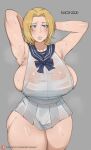  1girl armpits arms_up ass bleach blonde_hair blue_eyes blush bob_(bobtheneet) breasts curvy embarrassed english_text highres huge_breasts lips matsumoto_rangiku mole mole_under_mouth plump sailor sailor_collar short_hair sideboob sweat thick_thighs thighs 