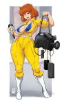  1girl april_o&#039;neil bayeuxman belt boots breasts camera covered_nipples full_body half-closed_eyes highres holding holding_microphone jumpsuit large_breasts looking_at_viewer medium_hair microphone open_mouth puffy_nipples short_hair smile solo standing teenage_mutant_ninja_turtles thick_thighs thighs white_footwear wide_hips yellow_jumpsuit 