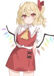  1girl ahoge arms_behind_back bangs bat_wings blonde_hair blush bow collar crystal drill_hair eyelashes flandre_scarlet flat_chest frilled_collar frills hair_between_eyes hair_bow highres looking_at_viewer multicolored_wings neckerchief open_mouth paragasu_(parags112) puffy_short_sleeves puffy_sleeves rainbow_order red_bow red_eyes red_shirt red_skirt shirt short_hair short_sleeves side_drill side_ponytail skirt slit_pupils solo standing touhou white_collar white_shirt wings yellow_neckerchief 