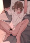  1boy absurdres androgynous arms_up bangs bar_censor bare_legs barefoot bed blanket bottomless brown_hair censored flaccid foreskin glasses hair_between_eyes highres huaca m_legs on_bed open_mouth orange_eyes original otoko_no_ko penis phimosis pillow pointless_censoring rabbit_print shirt short_hair short_sleeves short_twintails sidelocks spread_legs t-shirt testicles twintails v-neck white_shirt 