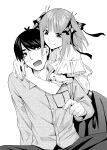  1boy 1girl bangs bare_shoulders belt black_eyes black_hair black_ribbon blunt_bangs blush butterfly_hair_ornament closed_mouth commentary couple embarrassed eyelashes fingernails flirting go-toubun_no_hanayome hair_ornament hair_ribbon highres hug hug_from_behind kosmos_beta looking_at_another medium_hair monochrome nail_polish nakano_nino open_mouth puffy_short_sleeves puffy_sleeves ribbon shirt short_hair short_sleeves sidelocks simple_background skirt smile sweatdrop two_side_up uesugi_fuutarou wavy_mouth white_background 