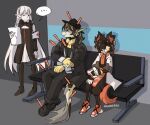  ... 1girl 2boys aak_(arknights) animal_ears arknights bangs bare_shoulders bench black_footwear black_hair black_headwear braid cat_boy cat_ears coat cross crown_braid earrings fish_boy fish_tail furry furry_male glasses gloves hair_between_eyes hat hawberries head_fins holding holding_paper jacket jewelry lee_(arknights) long_hair long_sleeves multicolored_hair multiple_boys multiple_earrings object_through_head orange_footwear orange_fur orange_hair paper pointy_ears red_cross red_eyes round_eyewear shirt short_hair signature sitting sitting_on_bench smile sweatdrop syringe syringe_gun syringe_in_head tail very_long_hair warfarin_(arknights) white_hair yellow_eyes yellow_gloves 