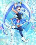  1girl bangs blue_eyes blue_hair blue_skirt blue_thighhighs crown cure_princess earrings full_body happinesscharge_precure! high_heels highres jewelry long_hair mini_crown official_art open_mouth precure precure_connection_puzzlun shirayuki_hime short_sleeves sidelocks skirt smile solo thighhighs third-party_source twintails v white_footwear zettai_ryouiki 