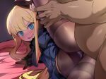  1boy 1girl aqua_eyes bangs beret black_headwear blonde_hair blue_dress blue_jacket blue_scarf blush breasts brown_gloves brown_pantyhose clothed_female_nude_male cropped_jacket crotch dress fate_(series) fur_collar gloves grey_rose hat jacket leg_lift leg_up long_hair long_sleeves looking_at_viewer lord_el-melloi_ii_case_files lying nude on_side open_mouth panties panties_under_pantyhose pantyhose reines_el-melloi_archisorte scarf shimejinameko sidelocks small_breasts smile spread_legs thighband_pantyhose thighs tilted_headwear underwear 