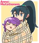  2girls =_= ann_flores anno:mutationem ayane_misuno black_hair blue_eyes blush_stickers chestnut_mouth jitome kagura_roku long_hair mole mole_under_eye multiple_girls ponytail purple_hair shared_blanket short_hair sweater turtleneck turtleneck_sweater yuri 