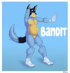  2021 anthro bandit_heeler belly bluey_(series) canid canine canis chubby_anthro chubby_male claws domestic_dog ears_up featureless_crotch fur hand_behind_head hi_res inner_ear_fluff jimfoxx looking_at_viewer male mammal mouth_closed navel nipples nude pose raised_tail signature slightly_chubby smile smiling_at_viewer smirk solo tail text toe_claws tuft 