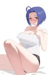  1girl absurdres ahoge artist_name bare_shoulders black_panties blue_hair blush breasts cleavage closed_mouth commentary_request hand_up highres idolmaster idolmaster_million_live! idolmaster_million_live!_theater_days knee_up large_breasts looking_at_viewer miura_azusa no_pants panties pulled_by_self red_eyes shirt short_hair simple_background sitting solo strap_pull strap_slip tomid underwear white_background white_shirt 