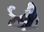  2023 black_cloak black_sclera bottomwear canid canine canis clothing death_(puss_in_boots) digital_media_(artwork) digitigrade fangs feral fur grey_background grey_body grey_fur grin hi_res krossan_(artist) male mammal pants paws puss_in_boots_the_last_wish quadruped red_eyes simple_background smile solo teeth white_body white_fur wolf 