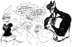  2022 android anthro belt belt_buckle biceps black_and_white body_hair bottomwear boyfriend_bot_(sunibee) buckteeth chest_hair claws clothed clothing dialogue digital_drawing_(artwork) digital_media_(artwork) domestic_cat ellipsis english_text eyebrows eyelashes eyewear felid feline felis female girlfriend_bot_(sunibee) glaring glasses hair hi_res hotpants lagomorph larger_female larger_male leporid machine male mammal monochrome monotone_background muscular muscular_male ponytail prick_ears rabbit robot round_glasses shirt shorts simple_background size_difference sketch smaller_female smaller_male speech_bubble stubble sunibee t-shirt talking_to_another teeth text text_on_clothing thick_thighs topless topwear trapezius white_background wide_hips widescreen 