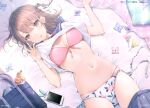  1girl 6u_(eternal_land) absurdres bag bangs bed_sheet blush bow bra breasts brown_eyes brown_hair candy cellphone charm_(object) cleavage floral_print flower food hair_bow highres lifted_by_self lollipop looking_at_viewer lying medium_breasts navel on_back original phone scan school_bag short_sleeves short_twintails simple_background skirt skirt_removed smartphone smile solo stomach tongue tongue_out twintails underwear 