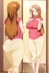  1girl ass breasts brown_eyes brown_hair closed_mouth commission covered_nipples from_behind highres large_breasts light_blush lindaroze lipstick long_hair makeup mature_female milk_junkies mirror panties red_sweater reflection smile solo standing sweater toyohara_mitsuki turtleneck turtleneck_sweater underwear 