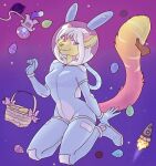  2018 ambiguous_gender anthro basket biped container digital_media_(artwork) duo easter easter_egg fake_ears fake_rabbit_ears felid female female_focus fur hair hi_res holidays looking_at_viewer mammal megan_hilbert nicoya pink_body pink_fur planet purple_eyes ringed_planet rocket shaded solo_focus space space_helmet spacesuit tail white_hair yellow_body yellow_fur zyira 