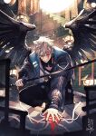  1boy angel_wings bishounen black_wings fallen_angel full_body highres japanese_clothes katana looking_at_viewer male_focus neko_miya orange_eyes original solo sword tagme tattoo weapon wings 