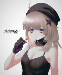  1girl aa-12_(girls&#039;_frontline) ahoge bags_under_eyes bangs bare_shoulders black_gloves black_shirt blue_eyes breasts camisole candy character_name cleavage food girls&#039;_frontline gloves grey_hair hair_ornament hand_up hara_shoutarou holding holding_candy holding_food holding_lollipop lollipop long_hair looking_at_viewer parted_lips shirt small_breasts solo star_(symbol) star_hair_ornament upper_body 