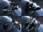  3d battleship_(eve_online) caldari_state_(eve_online) cannon commentary eve_online floating from_above from_side glowing highres military military_vehicle missile_pod multiple_views nebula no_humans original outdoors planet redesign science_fiction space spacecraft spinner-vision star_(sky) thrusters turret vehicle_focus 