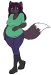  2017 5_fingers anthro belly big_belly big_breasts black_body black_fur black_nose boots bottomwear breasts canid canine clothing female fingers footwear fox fur hair humanoid_hands mammal mirasuke_inhara pants pregnant pregnant_female purple_eyes purple_hair shirt skidd smile solo standing the_servant_omen topwear 