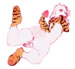  anthro anus balls balls_outline butt circumcised digital_media_(artwork) dragon fluffy fluffy_tail full-length_portrait genital_outline genitals girly glistening glistening_body hair hair_over_eye horn house_dragon long_hair low_res male markings mawguts one_eye_obstructed pawpads paws penis perineum pixel_(artwork) portrait solo solo_focus striped_markings stripes tail white_body white_hair 