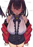  1girl absurdres angry arms_at_sides bare_shoulders black_hair blush breasts buttons center_frills cowboy_shot emove frills fuzinoe_13b highres indie_virtual_youtuber jacket koukai_nima large_breasts looking_up multicolored_hair open_mouth red_eyes red_jacket round_teeth simple_background solo streaked_hair sweatdrop teeth thighhighs upper_teeth_only virtual_youtuber white_background 