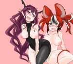 2girls animal_ears black_hair blue_eyes blush breasts cum futa_with_female futanari hakos_baelz heterochromia highres hololive hololive_english horns implied_futanari irys_(hololive) large_breasts long_hair mouse_ears mouse_girl multicolored_hair multiple_girls nipples nude open_mouth pink_background pointy_ears purple_eyes purple_hair red_hair sex streaked_hair twintails very_long_hair virtual_youtuber white_hair 