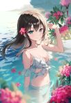  1girl absurdres ancotaku bangs bare_shoulders bikini blue_eyes blush breasts brown_hair cleavage closed_mouth collarbone day fingernails flower hair_flower hair_ornament hand_up highres long_hair looking_at_viewer medium_breasts nail_polish navel original outdoors page_number partially_submerged scan simple_background solo stomach swimsuit thighs water water_drop white_bikini 