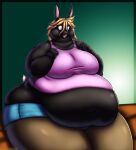  2023 absurd_res anthro belly big_belly big_breasts big_butt black_body black_fur blake_dinewel blonde_hair blue_eyes bottomwear breasts buckteeth butt clothed clothing deep_navel digital_media_(artwork) female fur hair hi_res huge_breasts if_hell_had_a_taste lagomorph leporid mammal navel obese obese_anthro obese_female open_mouth overweight overweight_anthro overweight_female rabbit shirt shorts sitting solo teeth thick_thighs topwear viroveteruscy 