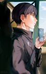  1boy absurdres artist_logo bangs black_eyes black_hair black_jacket drink drinking_straw drinking_straw_in_mouth haikyuu!! highres holding holding_drink jacket juice_box kageyama_tobio looking_afar male_focus oretsuu short_hair solo 